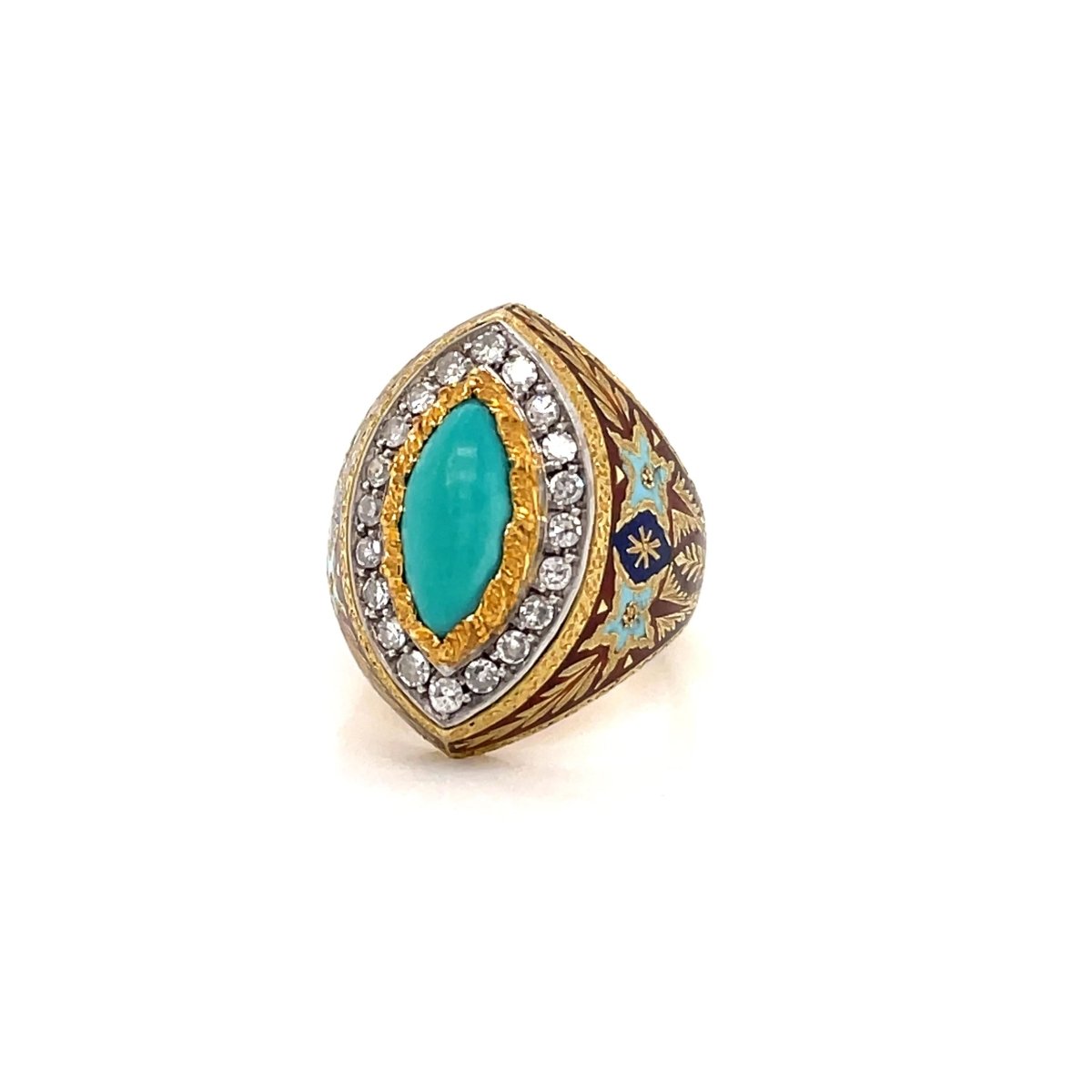 Bague Cazzaniga diamant turquoise émail or gravé - Castafiore