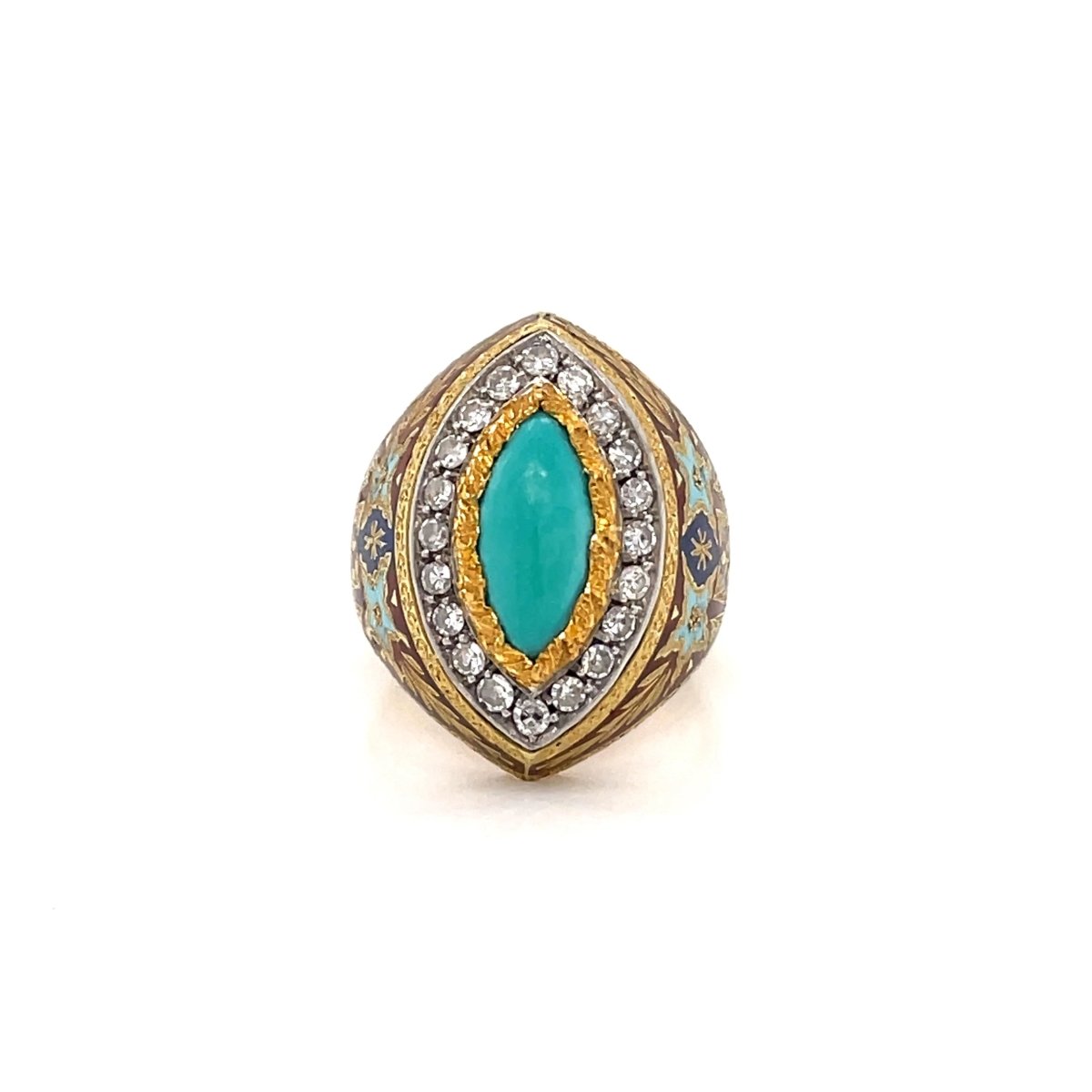 Bague Cazzaniga diamant turquoise émail or gravé - Castafiore