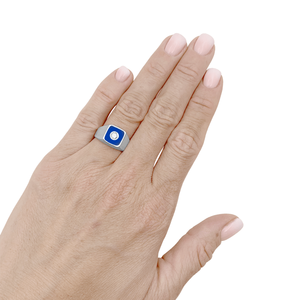 Bague Chevalière en or blanc, émail et diamant - Castafiore