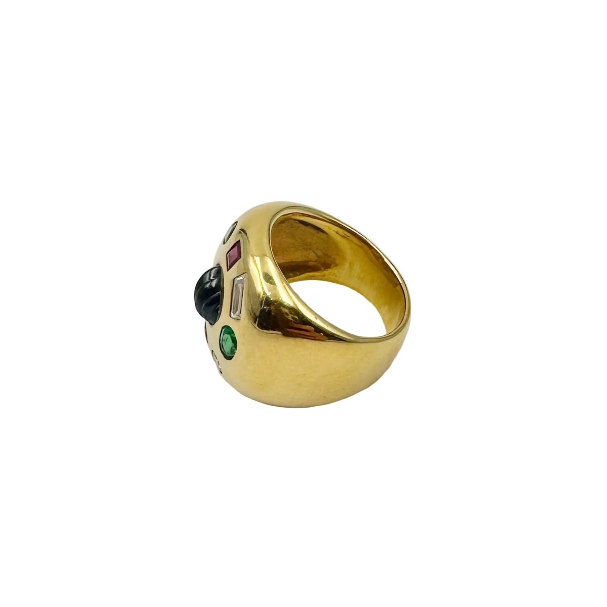 Bague Chevalière en or jaune, émeraudes, rubis, saphirs et diamants - Castafiore