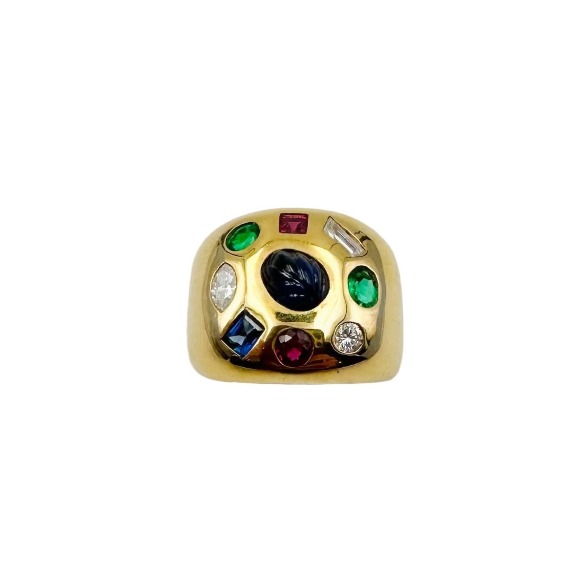 Bague Chevalière en or jaune, émeraudes, rubis, saphirs et diamants - Castafiore