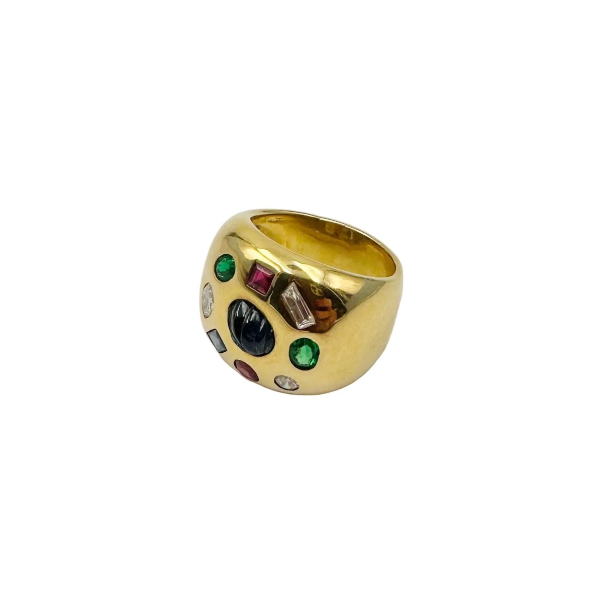 Bague Chevalière en or jaune, émeraudes, rubis, saphirs et diamants - Castafiore