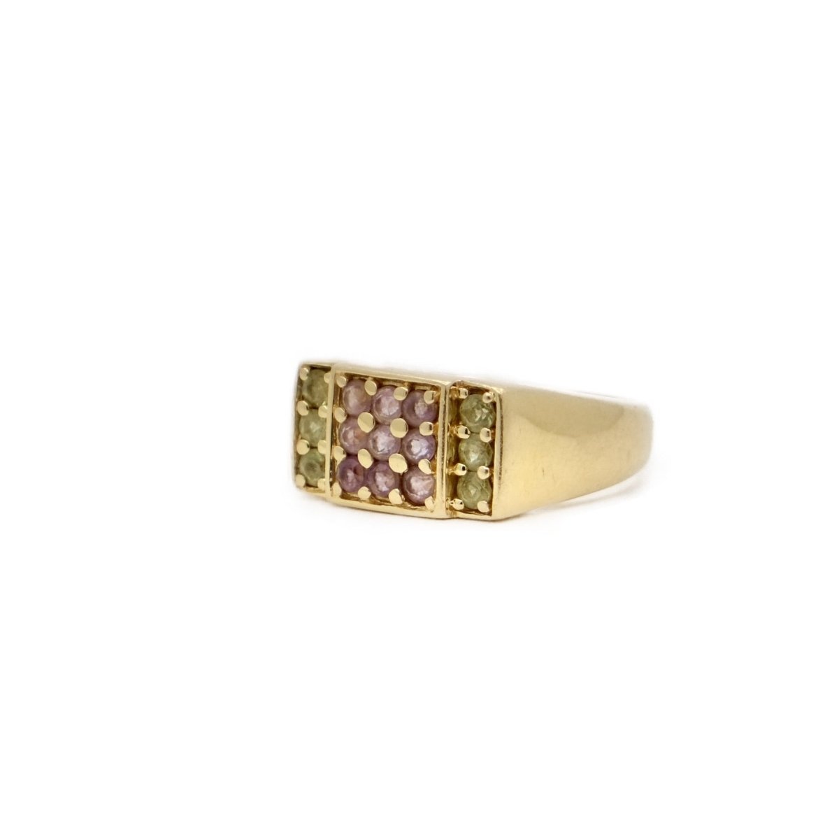 Bague chevalière en or jaune et améthyste et péridot - Castafiore