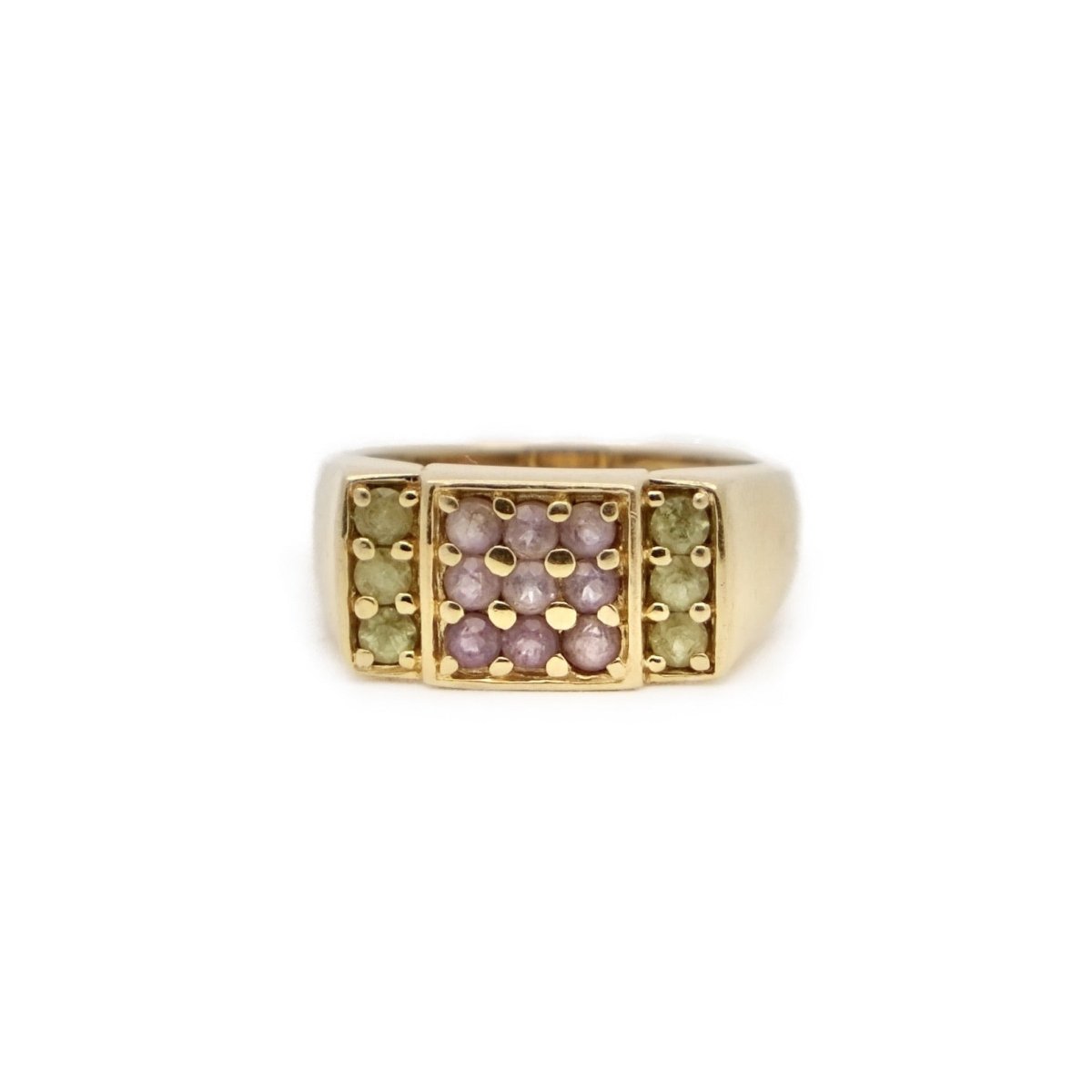 Bague chevalière en or jaune et améthyste et péridot - Castafiore