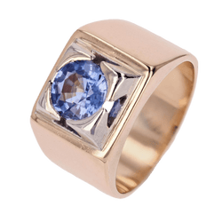 Bague Chevalière en or jaune, platine et saphir - Castafiore