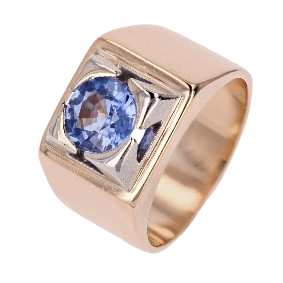 Bague Chevalière en or jaune, platine et saphir - Castafiore