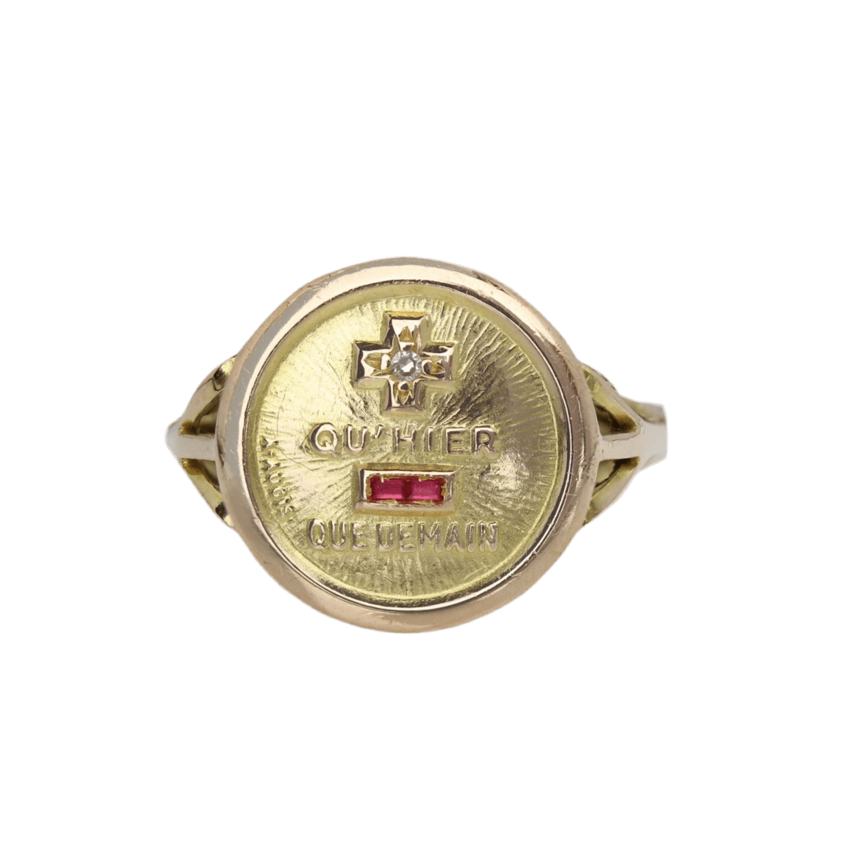 Bague Chevalière en or jaune, rubis et diamants - Castafiore