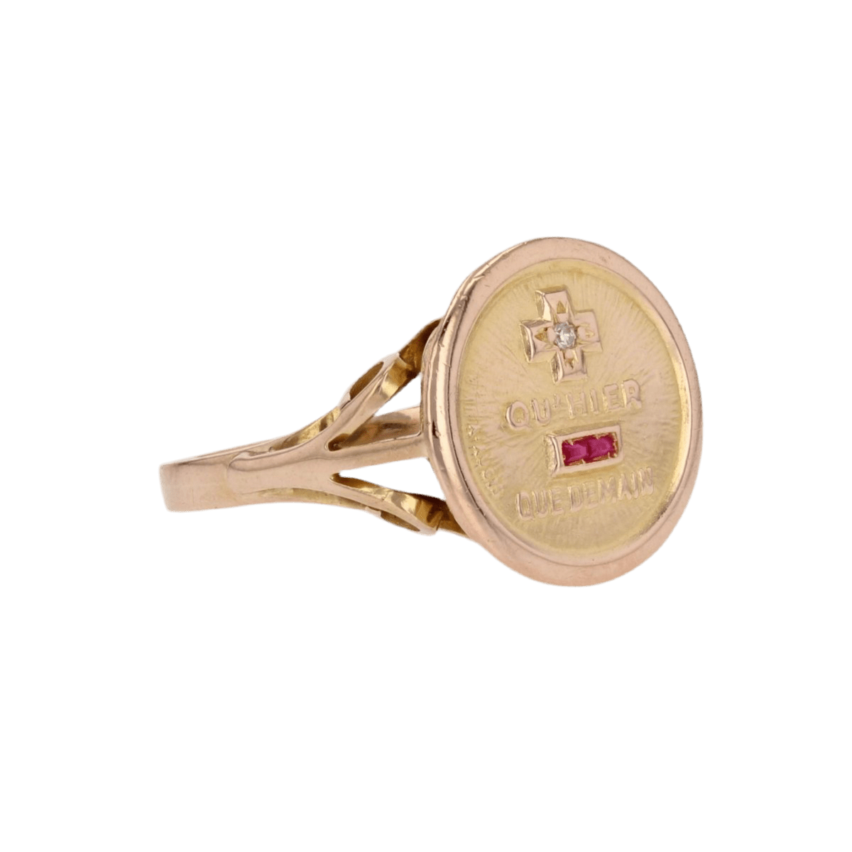 Bague Chevalière en or jaune, rubis et diamants - Castafiore