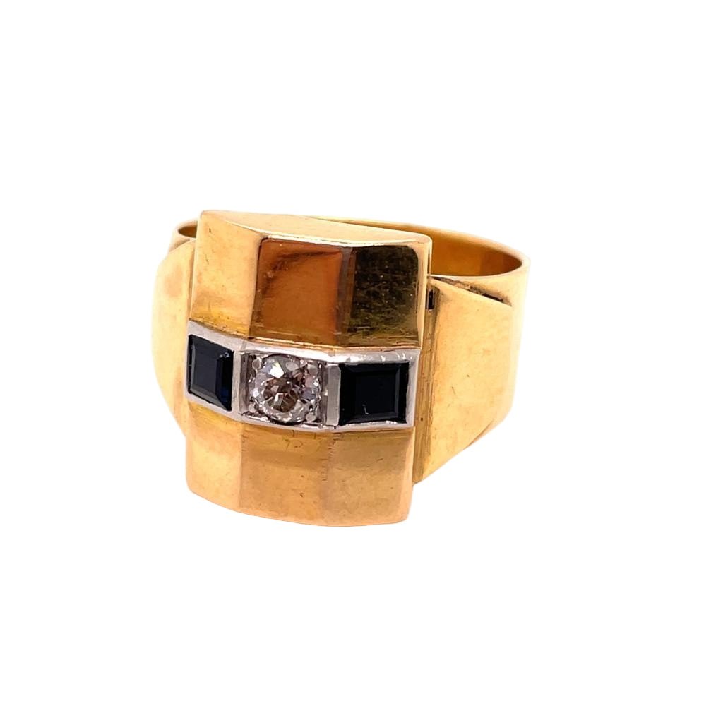 Bague Chevalière en or jaune, saphirs et diamant - Castafiore