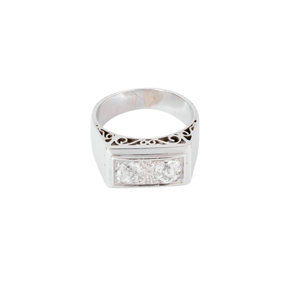 Bague chevaliere en platine ornée de 2 diamants - Castafiore