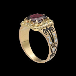 Bague chevalière Napoléon III en or jaune 18K avec émail et grenat – Taille 54 - Castafiore
