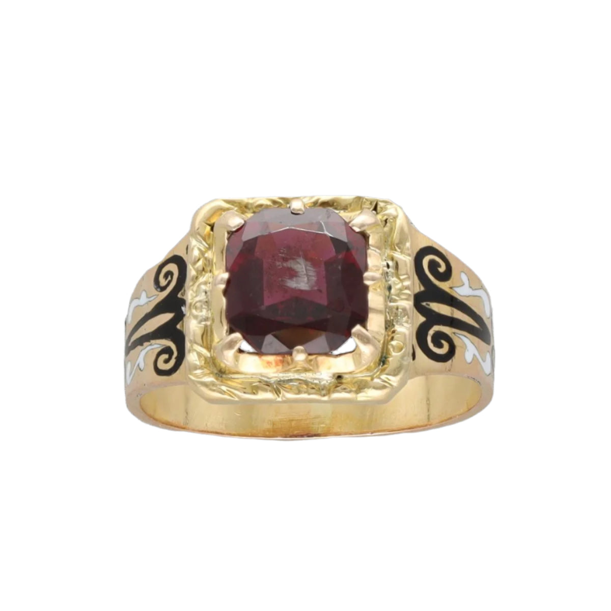 Bague chevalière Napoléon III en or jaune 18K avec émail et grenat – Taille 54 - Castafiore