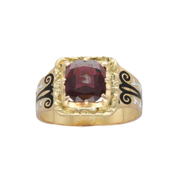 Bague chevalière Napoléon III en or jaune 18K avec émail et grenat – Taille 54 - Castafiore