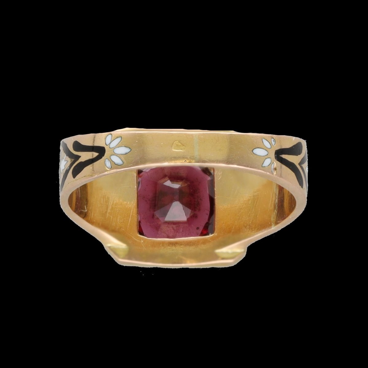 Bague chevalière Napoléon III en or jaune 18K avec émail et grenat – Taille 54 - Castafiore