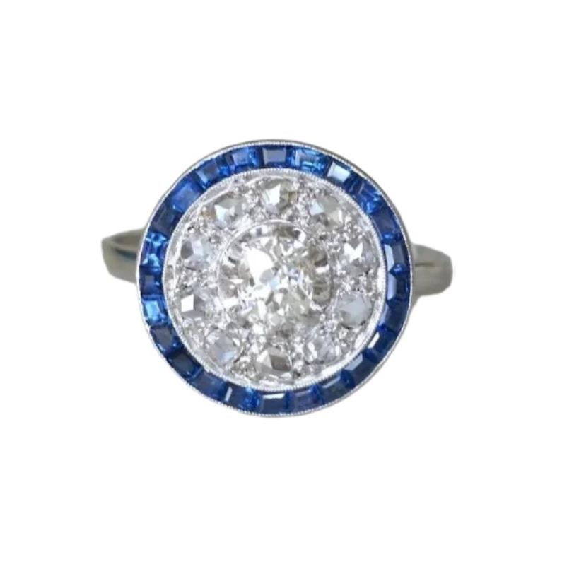 Bague Cible Art Deco en platine, saphir et diamant - Castafiore