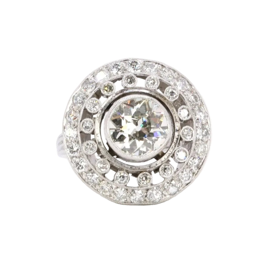 Bague cible double entourage diamants taille ancienne 2 carats - Castafiore