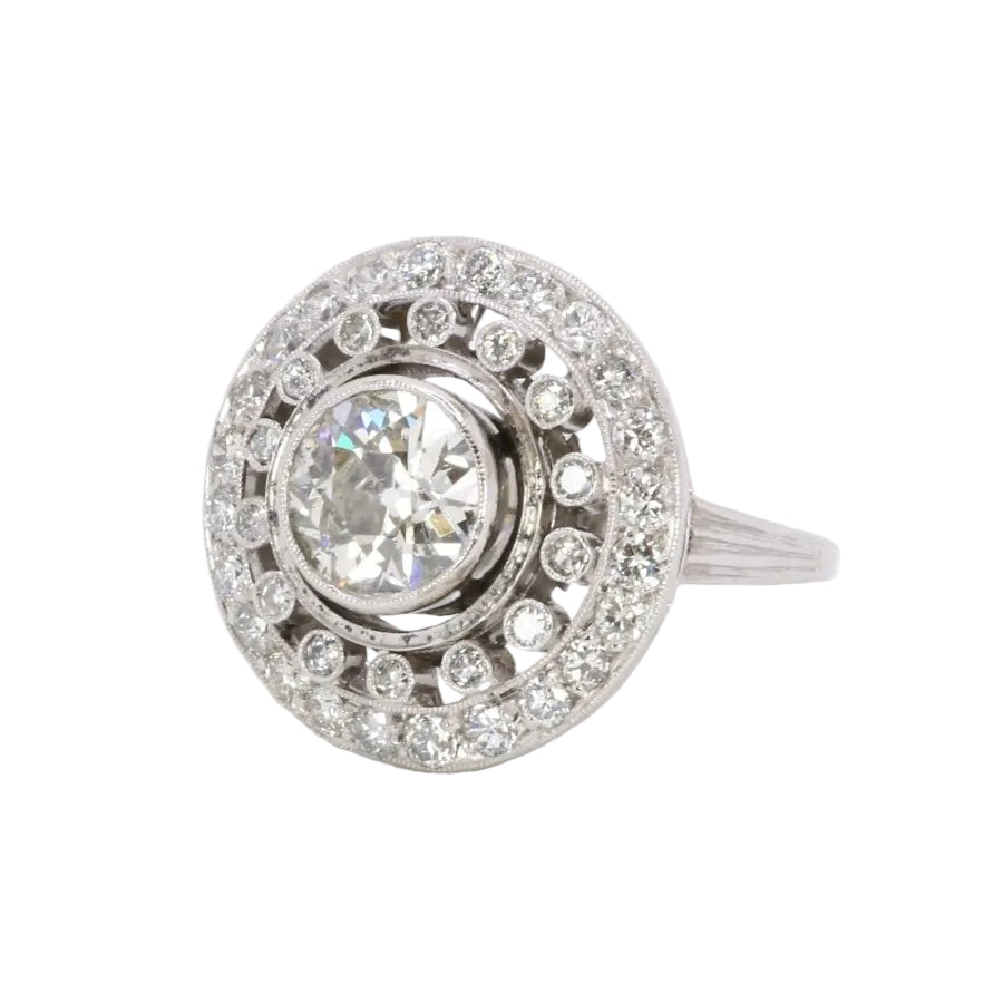 Bague cible double entourage diamants taille ancienne 2 carats - Castafiore