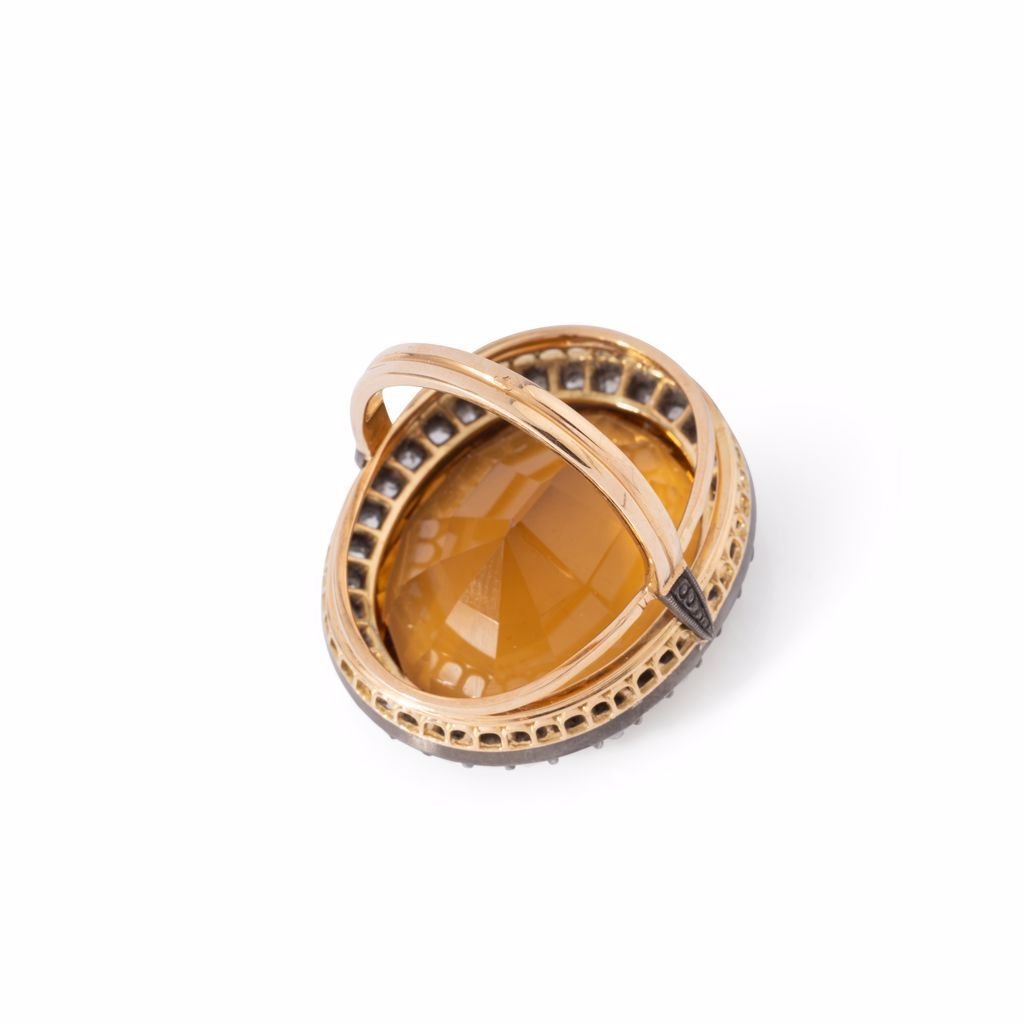 Bague Citrine Diamants Taille Rose en Or et Argent