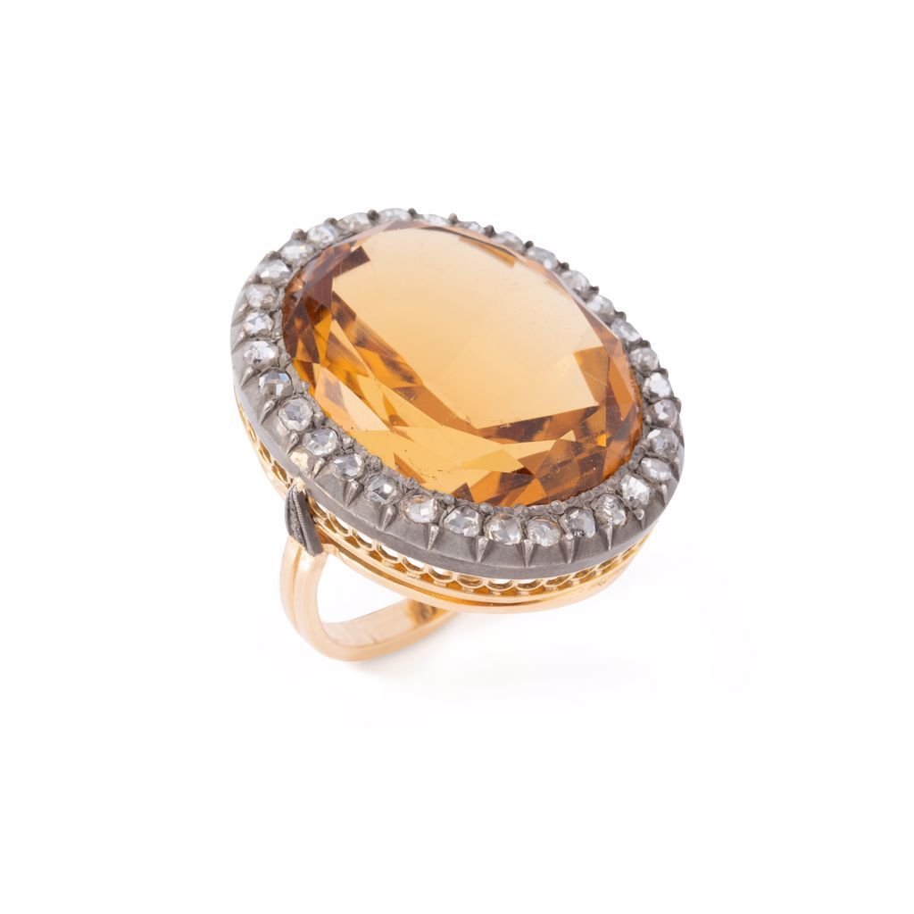 Bague Citrine Diamants Taille Rose en Or et Argent