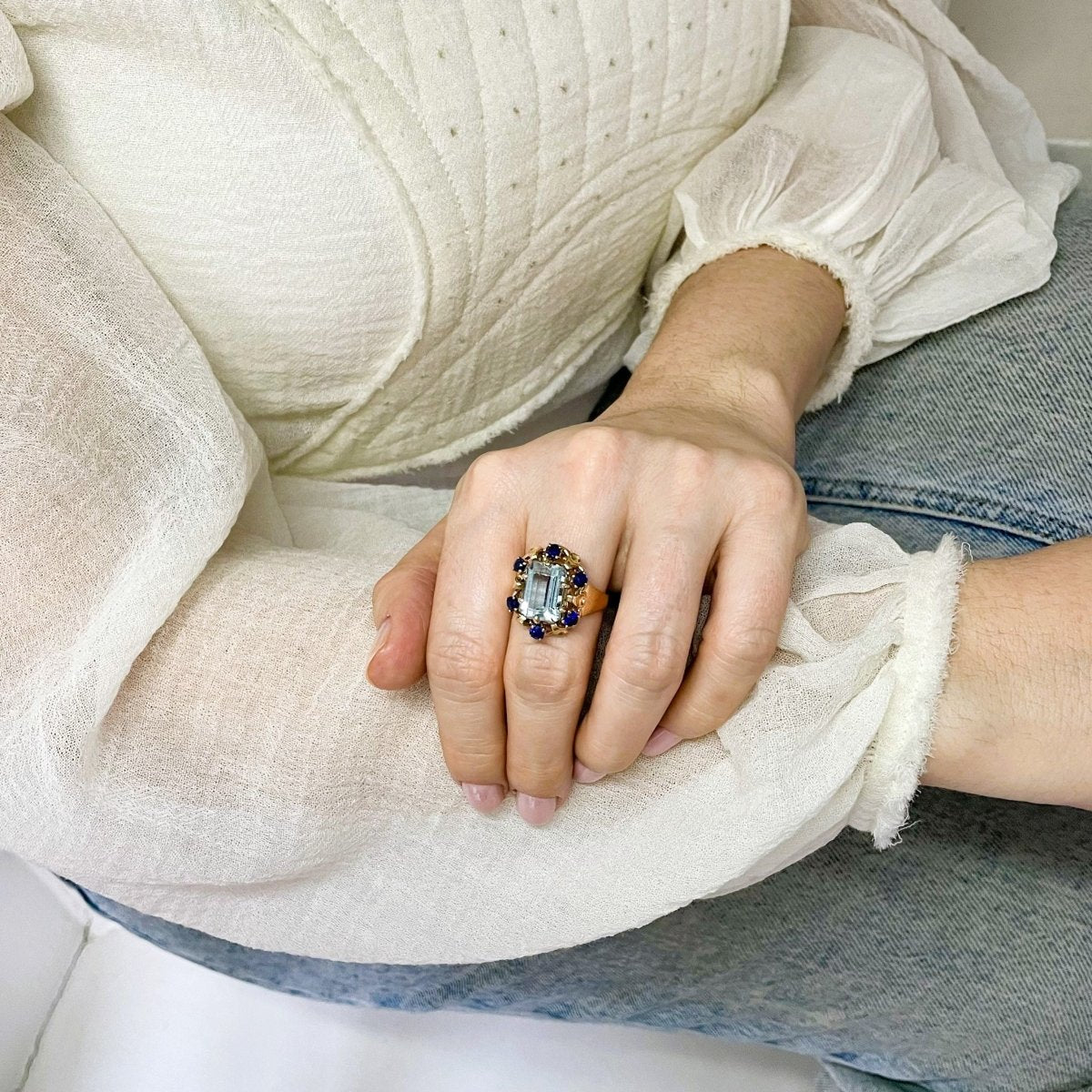 Bague Cocktail aigue - marine et saphirs en or rose - Castafiore