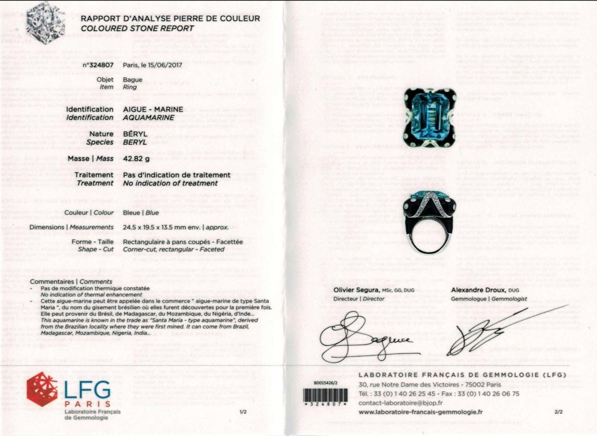 Bague Cocktail ANDRÉOLI "Santa Maria" en or blanc, résine, aigue-marine et diamants - Castafiore