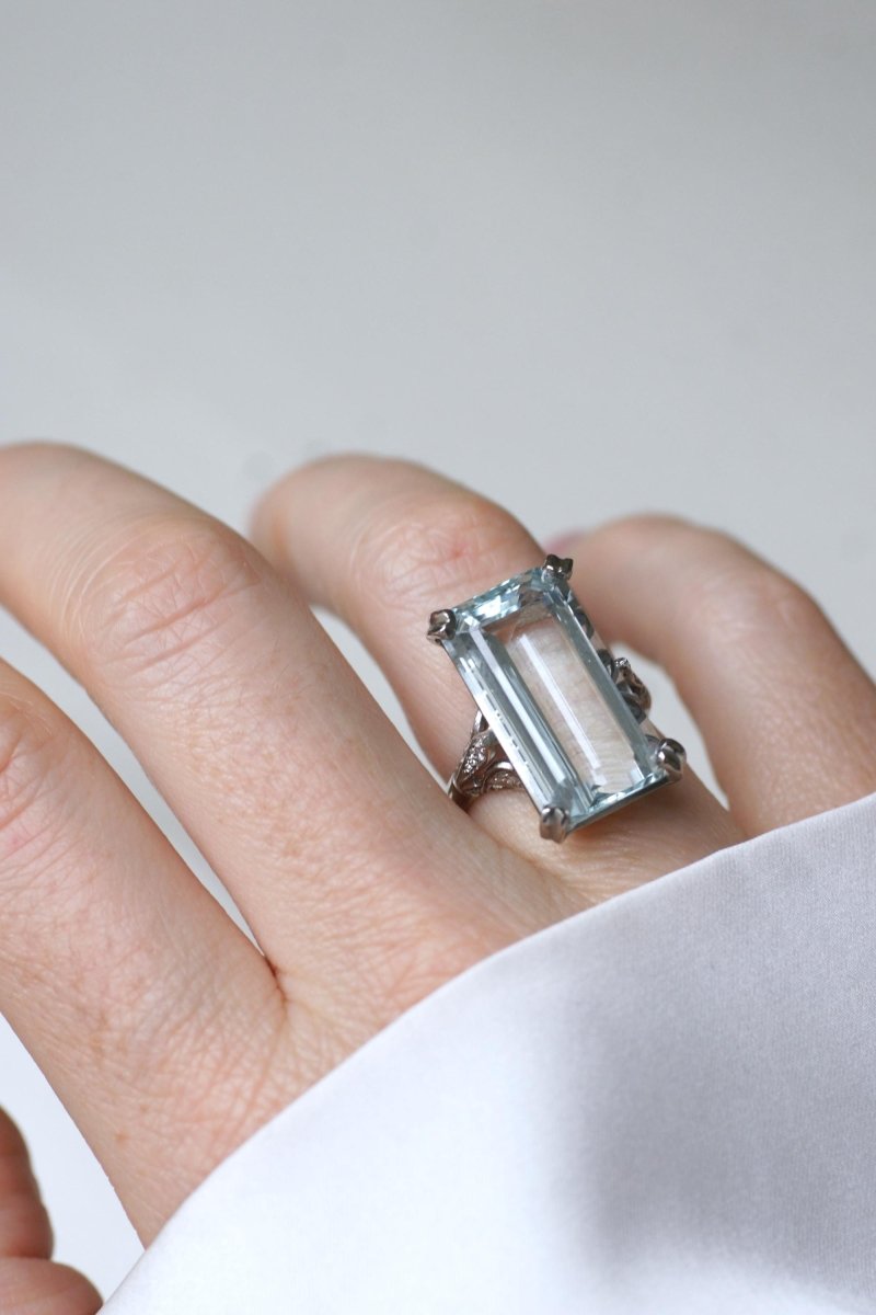 Bague Cocktail Art Déco Aigue Marine & Diamants - Castafiore
