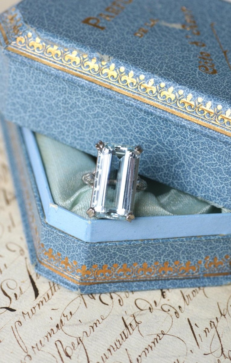 Bague Cocktail Art Déco Aigue Marine & Diamants - Castafiore