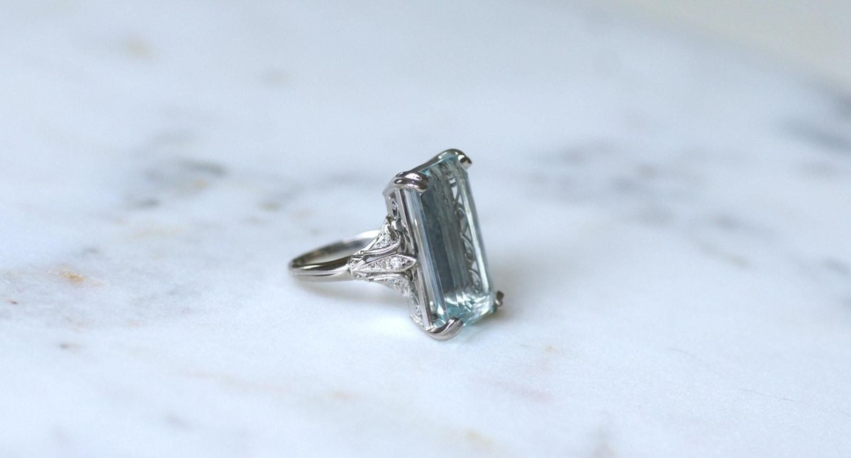 Bague Cocktail Art Déco Aigue Marine & Diamants - Castafiore