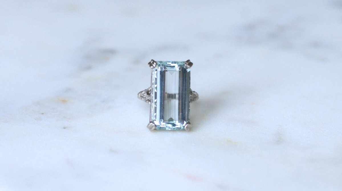 Bague Cocktail Art Déco Aigue Marine & Diamants - Castafiore