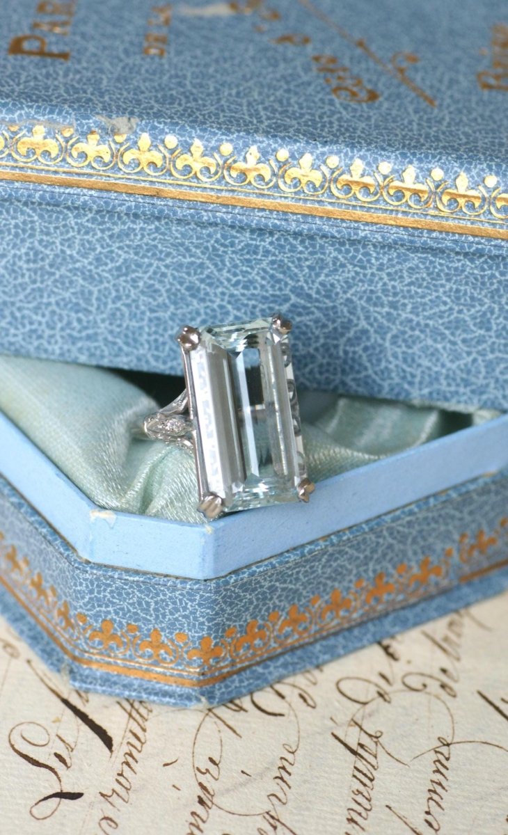 Bague Cocktail Art Déco Aigue Marine & Diamants - Castafiore