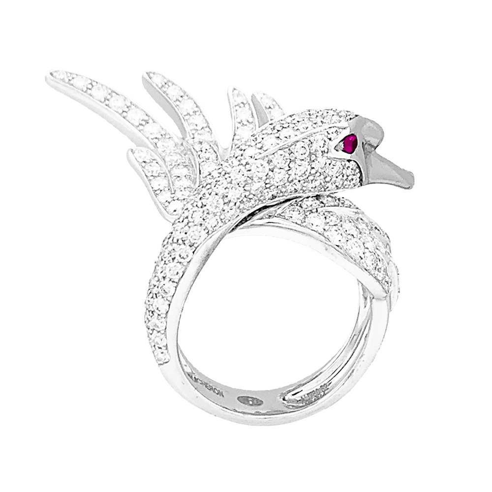 Bague Cocktail BOUCHERON "Cypris le Cygne" en or blanc, rubis et diamants - Castafiore