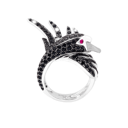 Bague Cocktail BOUCHERON "Cypris le Cygne" en or blanc, saphirs, rubis et diamants - Castafiore
