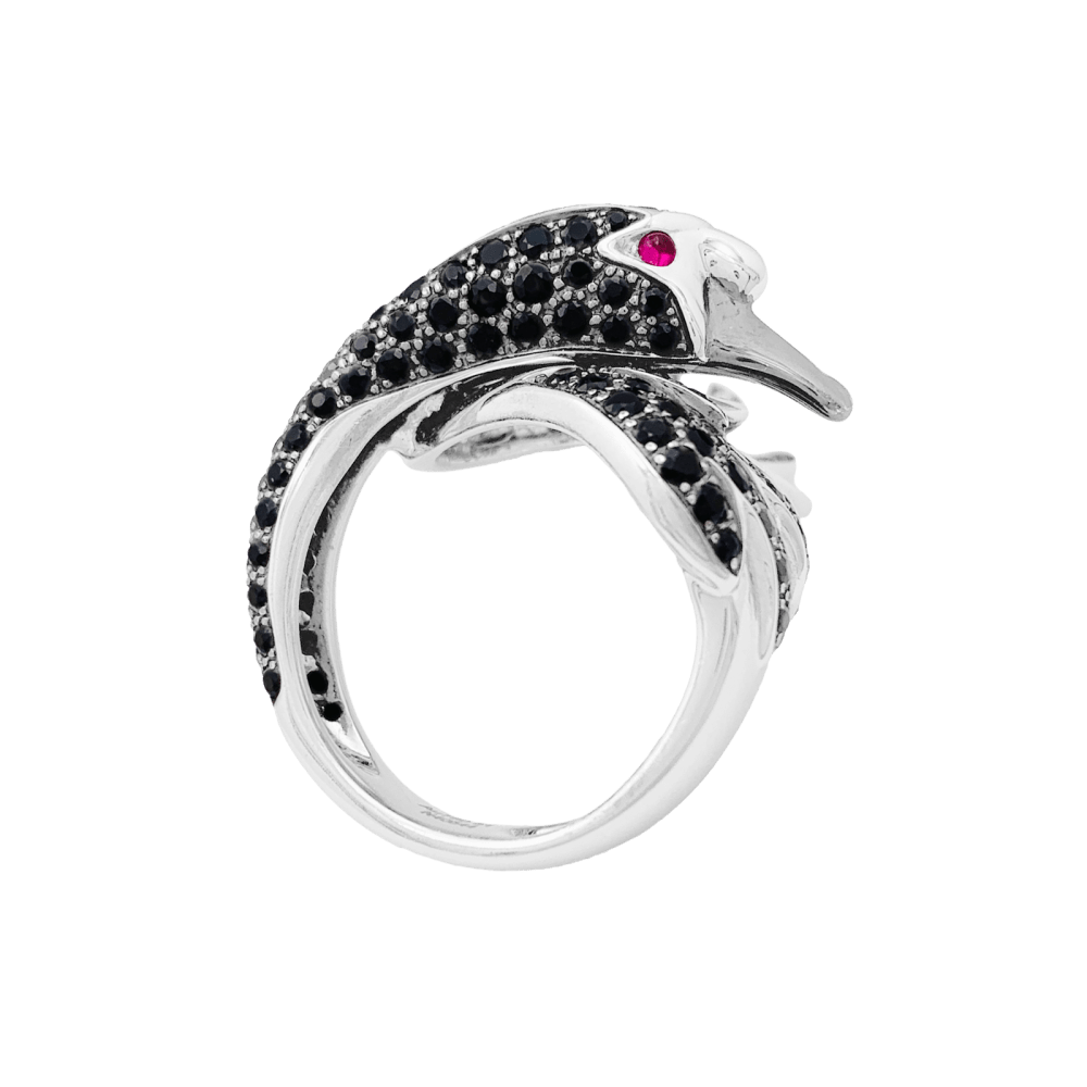 Bague Cocktail BOUCHERON "Cypris le Cygne" en or blanc, saphirs, rubis et diamants - Castafiore