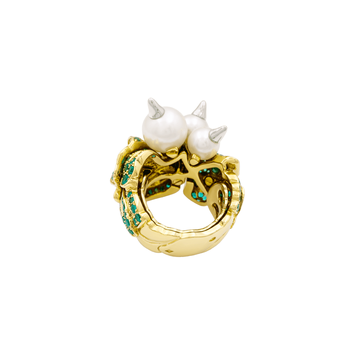 Bague Cocktail DIOR "Jardins de Milly-la-Forêt” en blanc, or jaune, émeraudes, tsavorites, perles et diamants - Castafiore