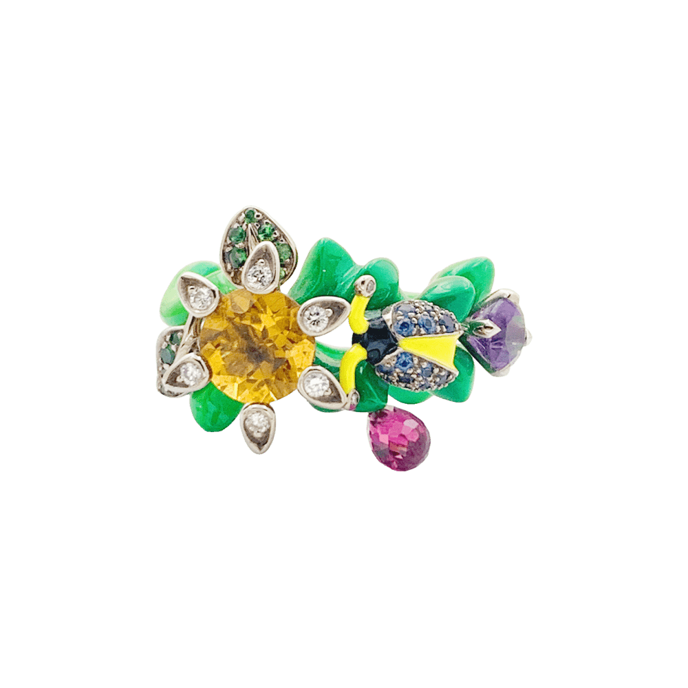 Bague Cocktail DIOR "Milly Carnivora" en or blanc, laque, citrine, améthyste, tourmaline, tsavorites, saphirs et diamants - Castafiore