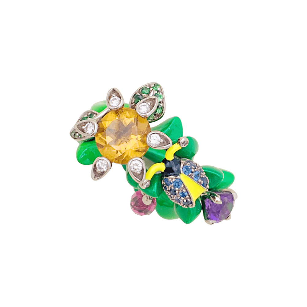 Bague Cocktail DIOR "Milly Carnivora" en or blanc, laque, citrine, améthyste, tourmaline, tsavorites, saphirs et diamants - Castafiore