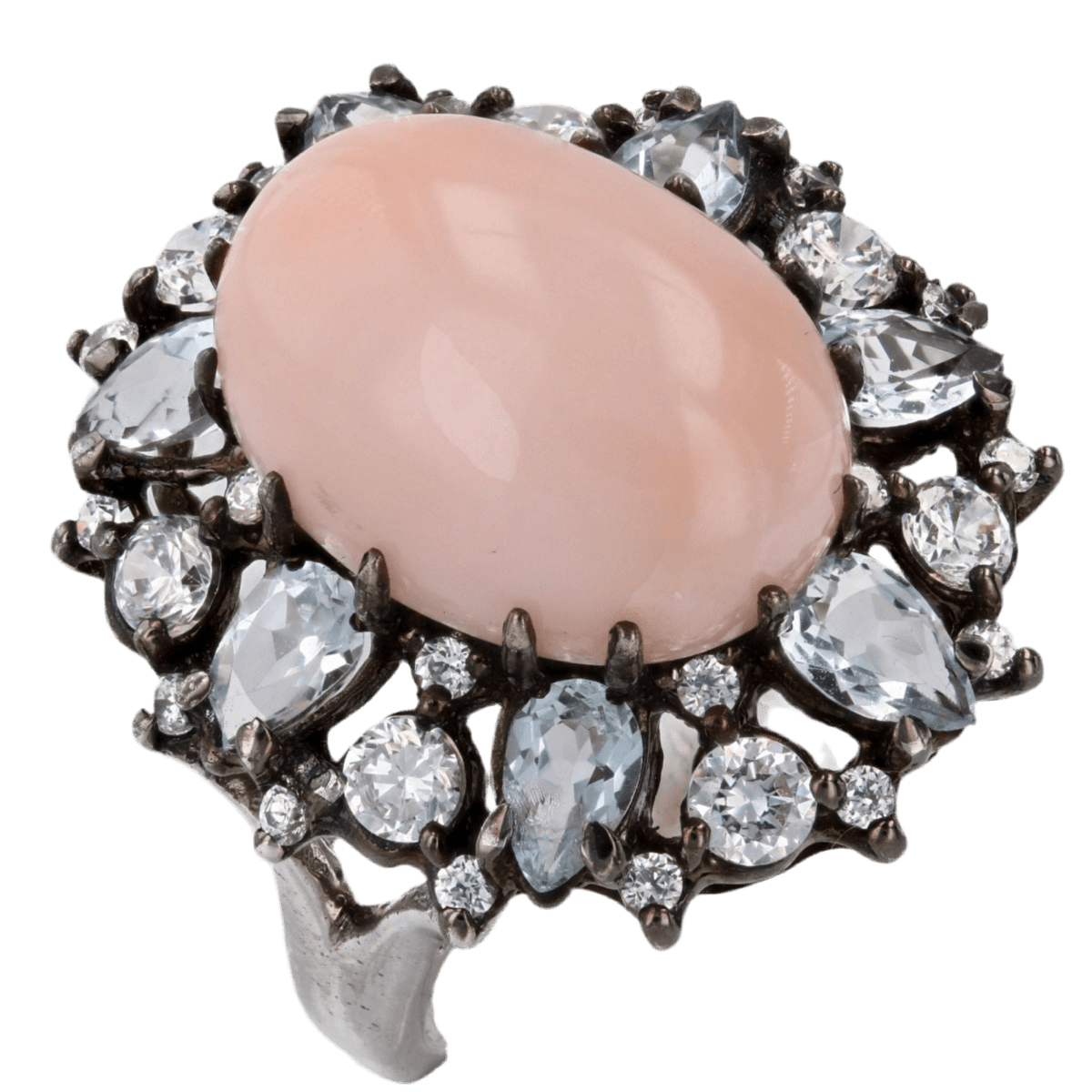 Bague Cocktail en argent, corail, aigues - marines et cristaux de zirconium - Castafiore