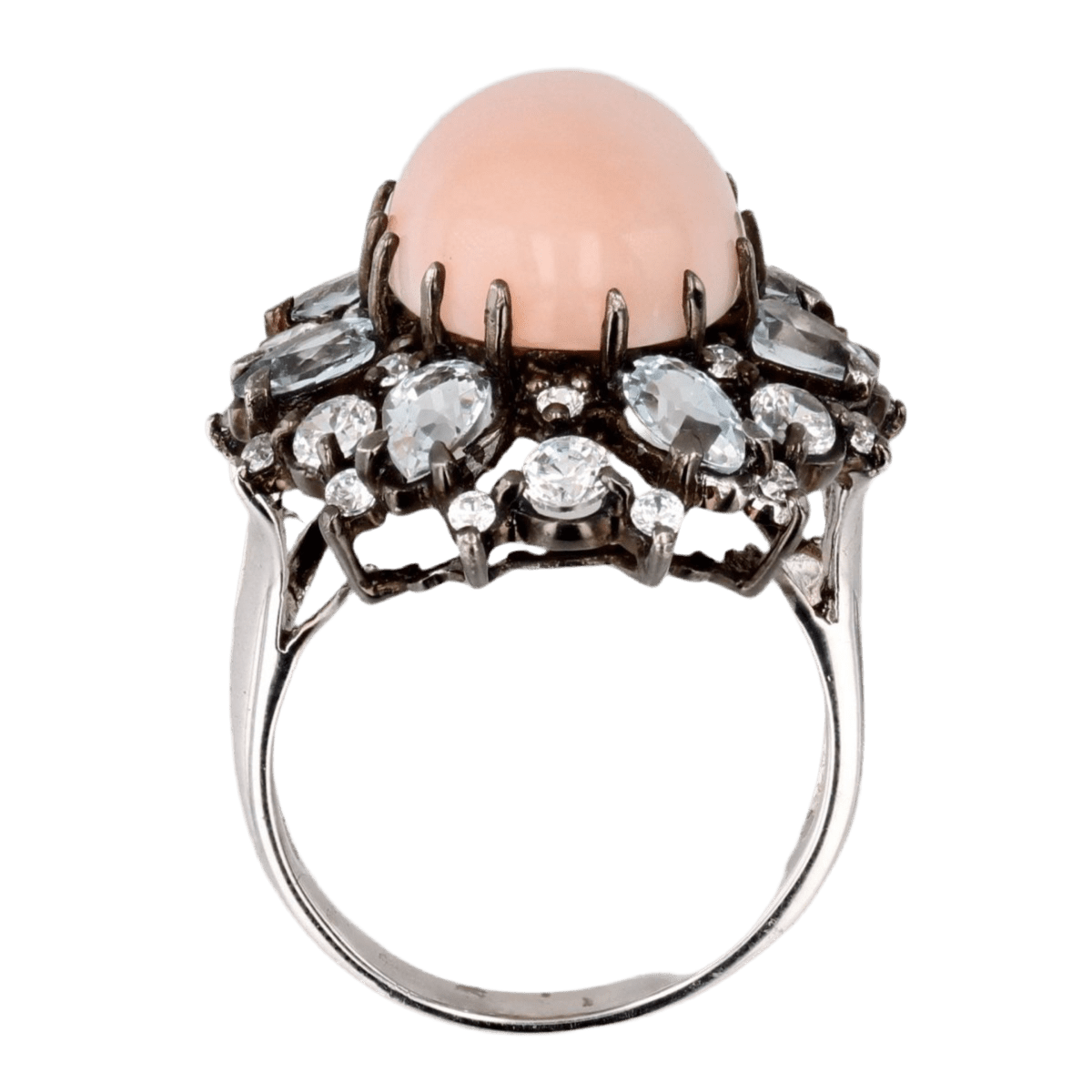 Bague Cocktail en argent, corail, aigues - marines et cristaux de zirconium - Castafiore
