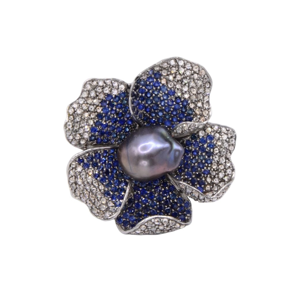 Bague Cocktail en argent, perle, saphirs et diamants - Castafiore