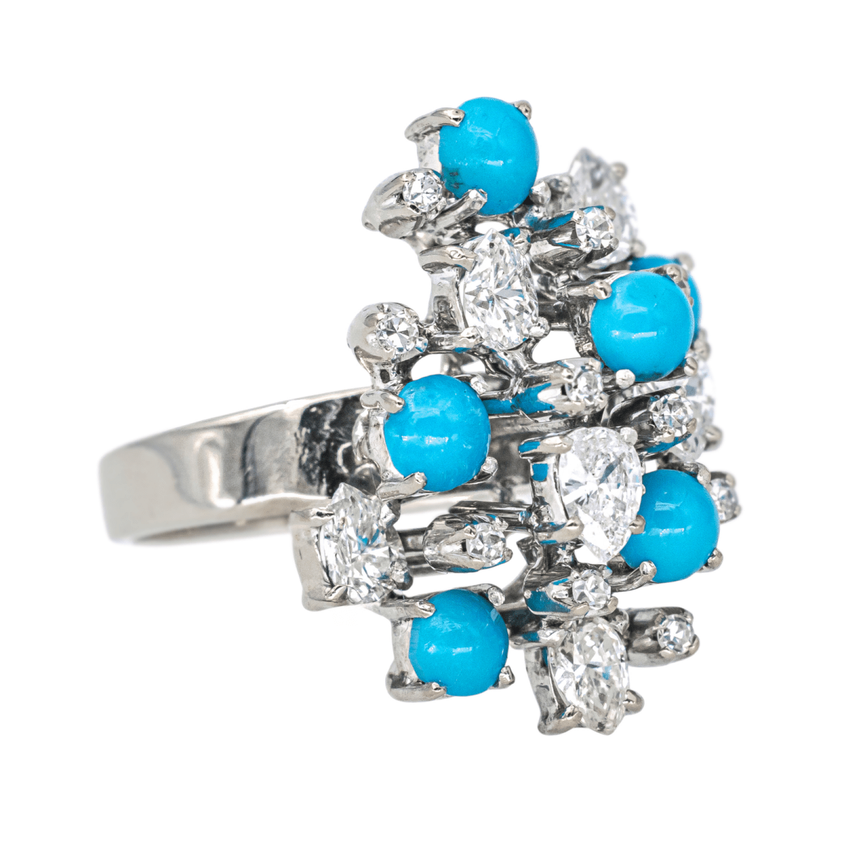 Bague Cocktail en argent, turquoise et diamants - Castafiore