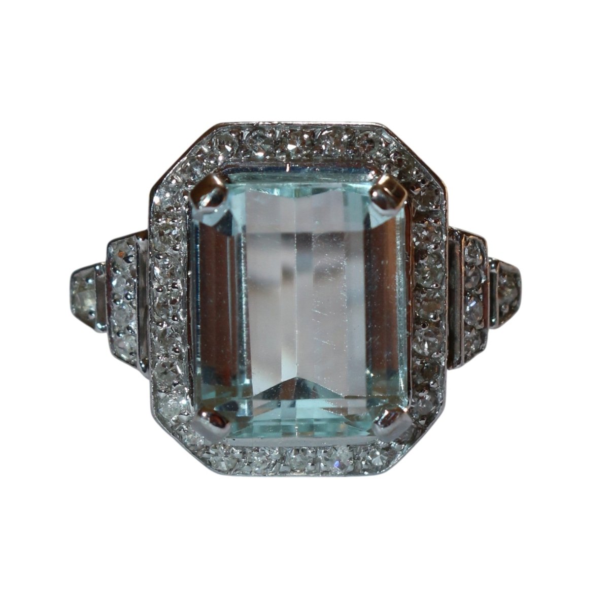 Bague Cocktail en or blanc, aigue - marine et diamants - Castafiore