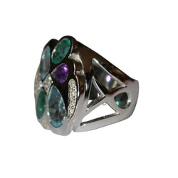 Bague Cocktail en or blanc, aigues-marines, émeraudes, améthyste et diamants - Castafiore