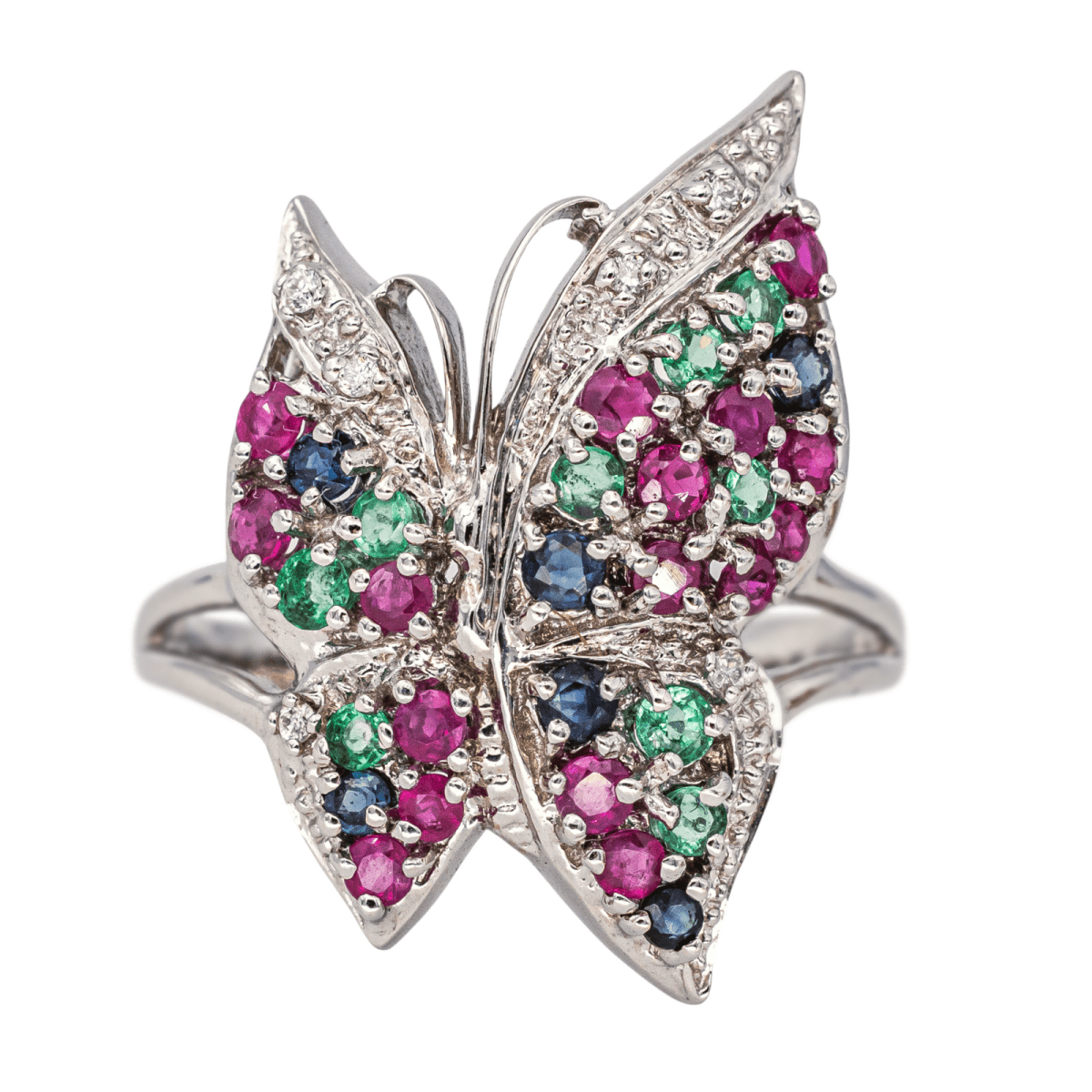 Bague Cocktail en or blanc, rubis, émeraudes, saphirs et diamants - Castafiore