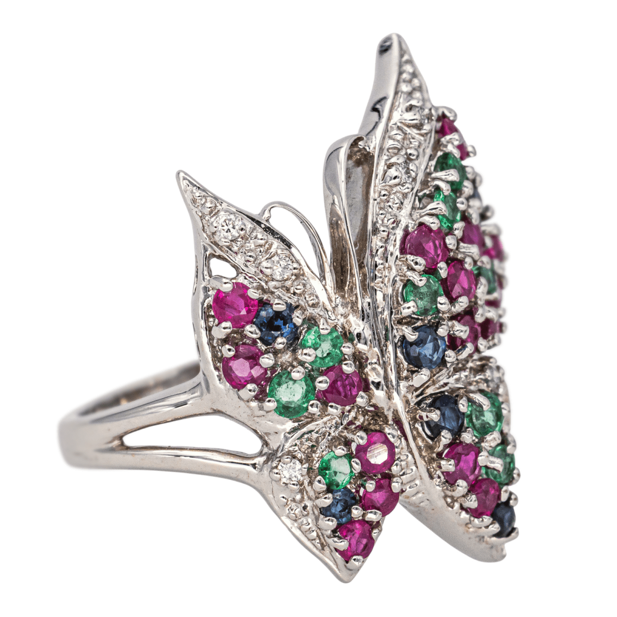 Bague Cocktail en or blanc, rubis, émeraudes, saphirs et diamants - Castafiore