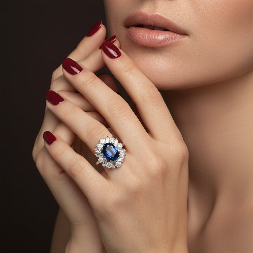 Bague Cocktail en or blanc, saphir et diamants - Castafiore