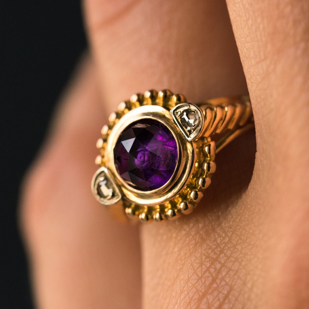 Bague Cocktail en or jaune, améthyste et diamants - Castafiore
