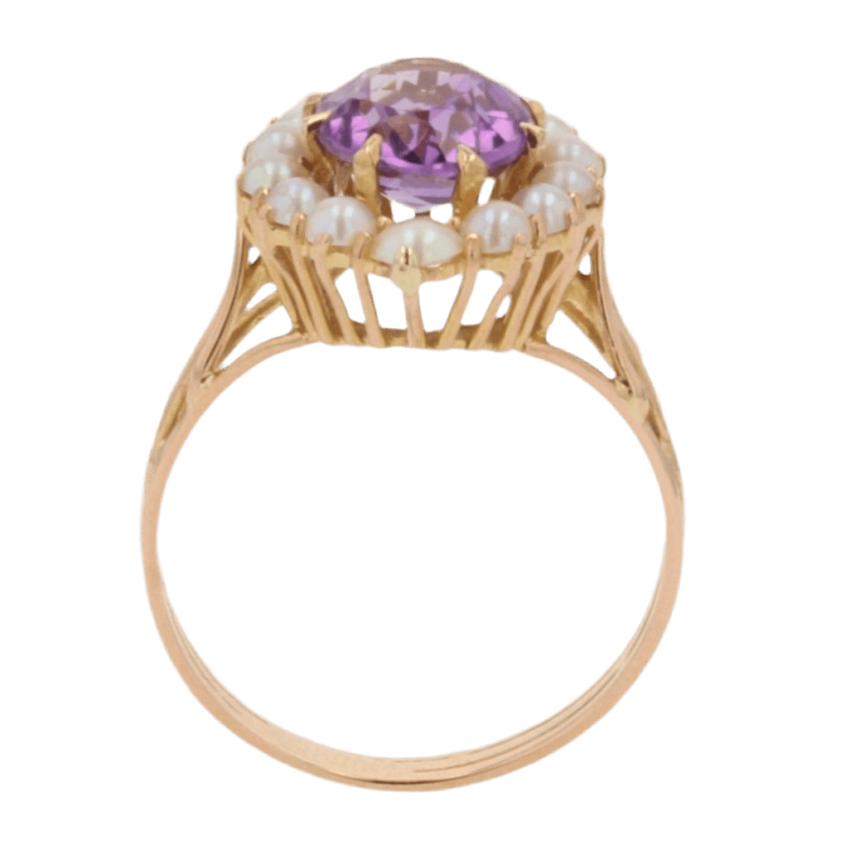 Bague Cocktail en or jaune, améthyste et perles - Castafiore