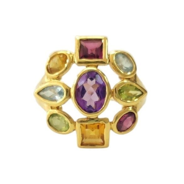 Bague Cocktail en or jaune, améthyste, péridots, aigues-marines, citrines et rhodolites - Castafiore