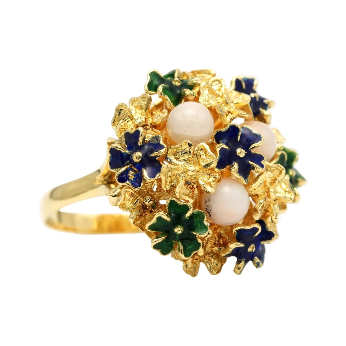 Bague Cocktail en or jaune, émail et corail - Castafiore