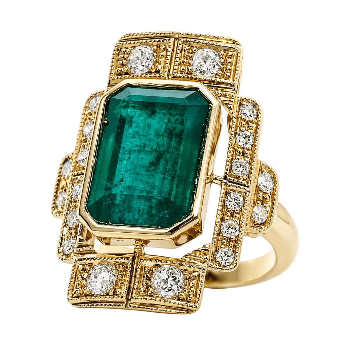 Bague Cocktail en or jaune, émeraude et diamants - Castafiore